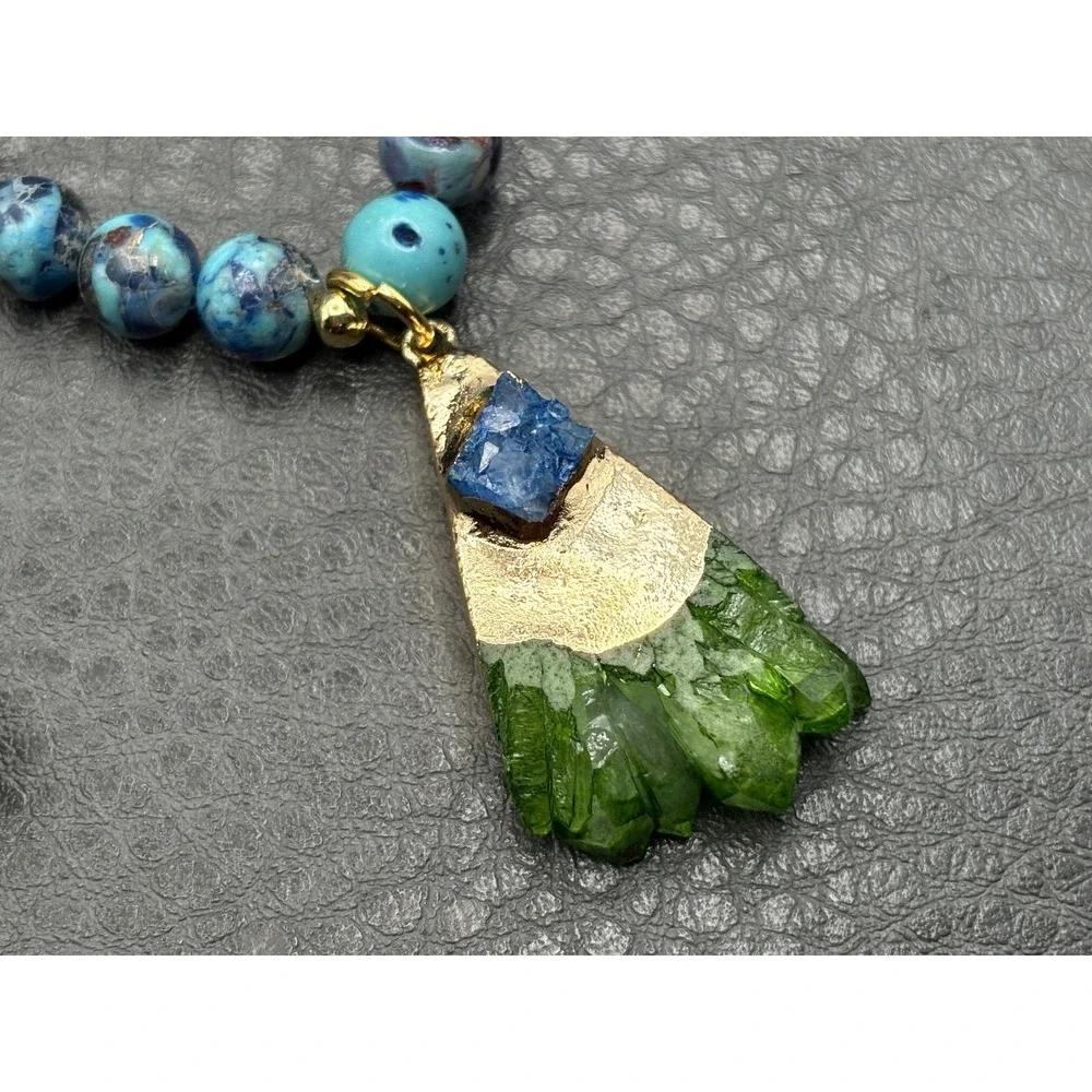 Love Lisa Gemstone Beaded Necklace Dyed Green Crystal Pendant Blue Purple 16